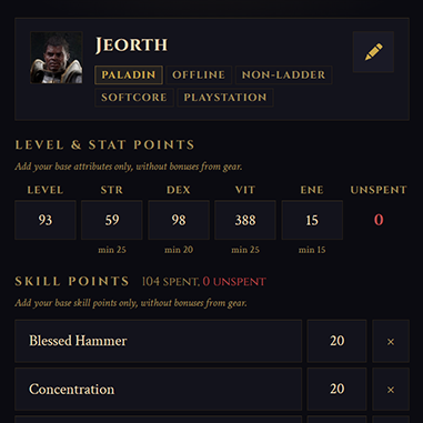 Character management with gear, skills, and quest tracking