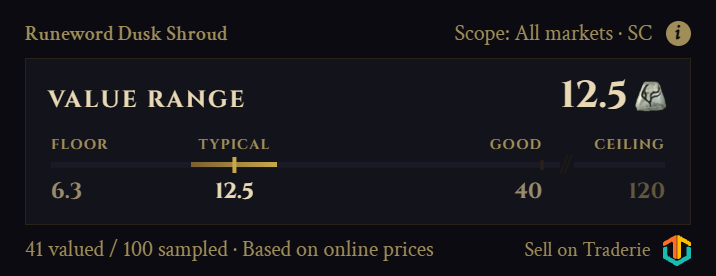 The Packmaster trade widget on a unique item: a four-band value range with a marker where this copy sits