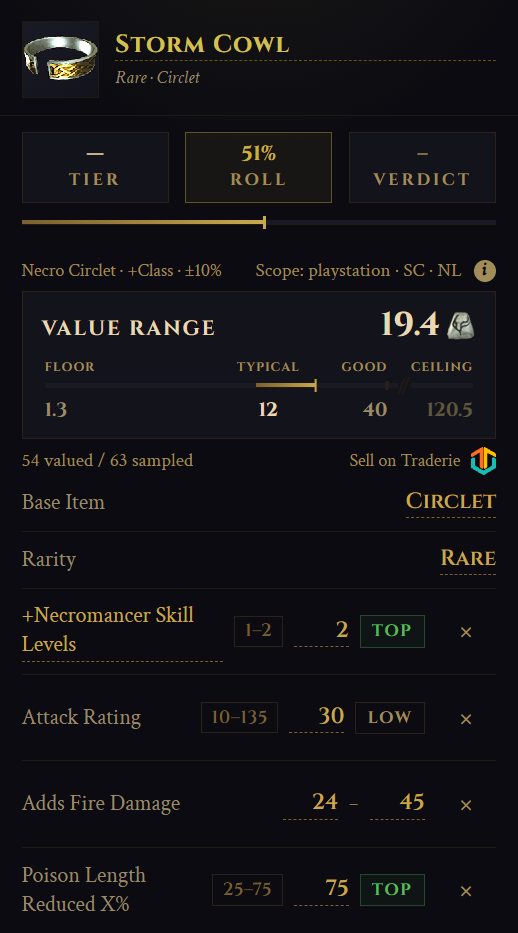A scanned rare on the analysis screen, each affix scored against its possible range