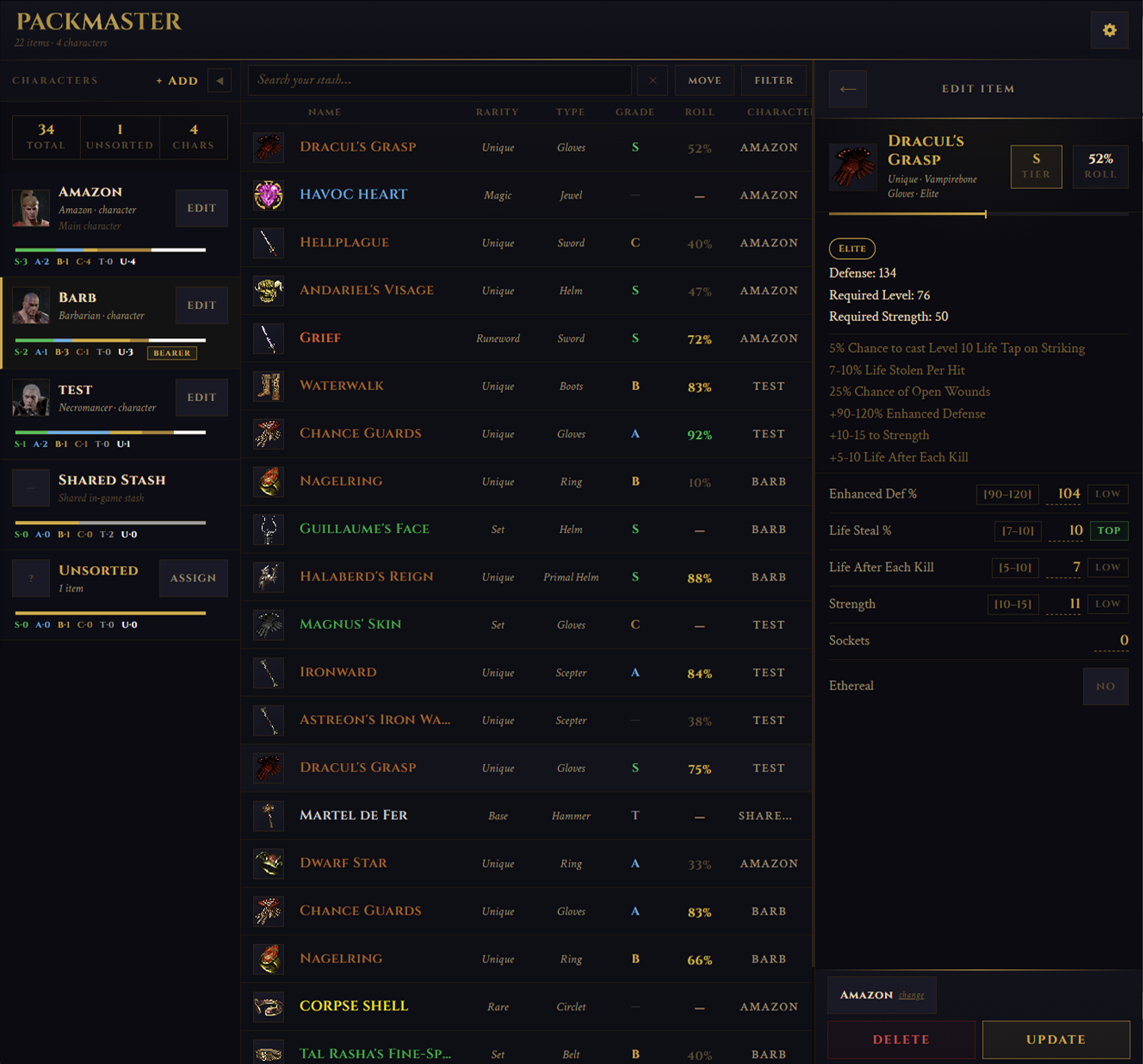 Packmaster desktop three-pane layout showing stash list and item analysis